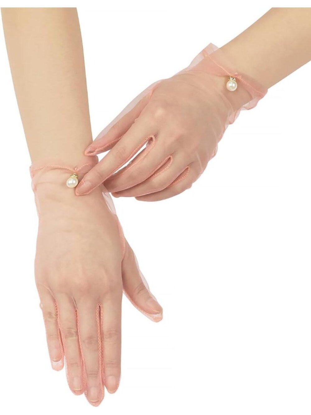Women's Blush Short Pearl 1920s Formal Bridal Wedding Wrist Tulle Gloves